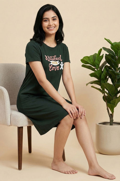 Zivame Farm Lore Knit Cotton Knee Length Nightdress - Pine Grove — image 4